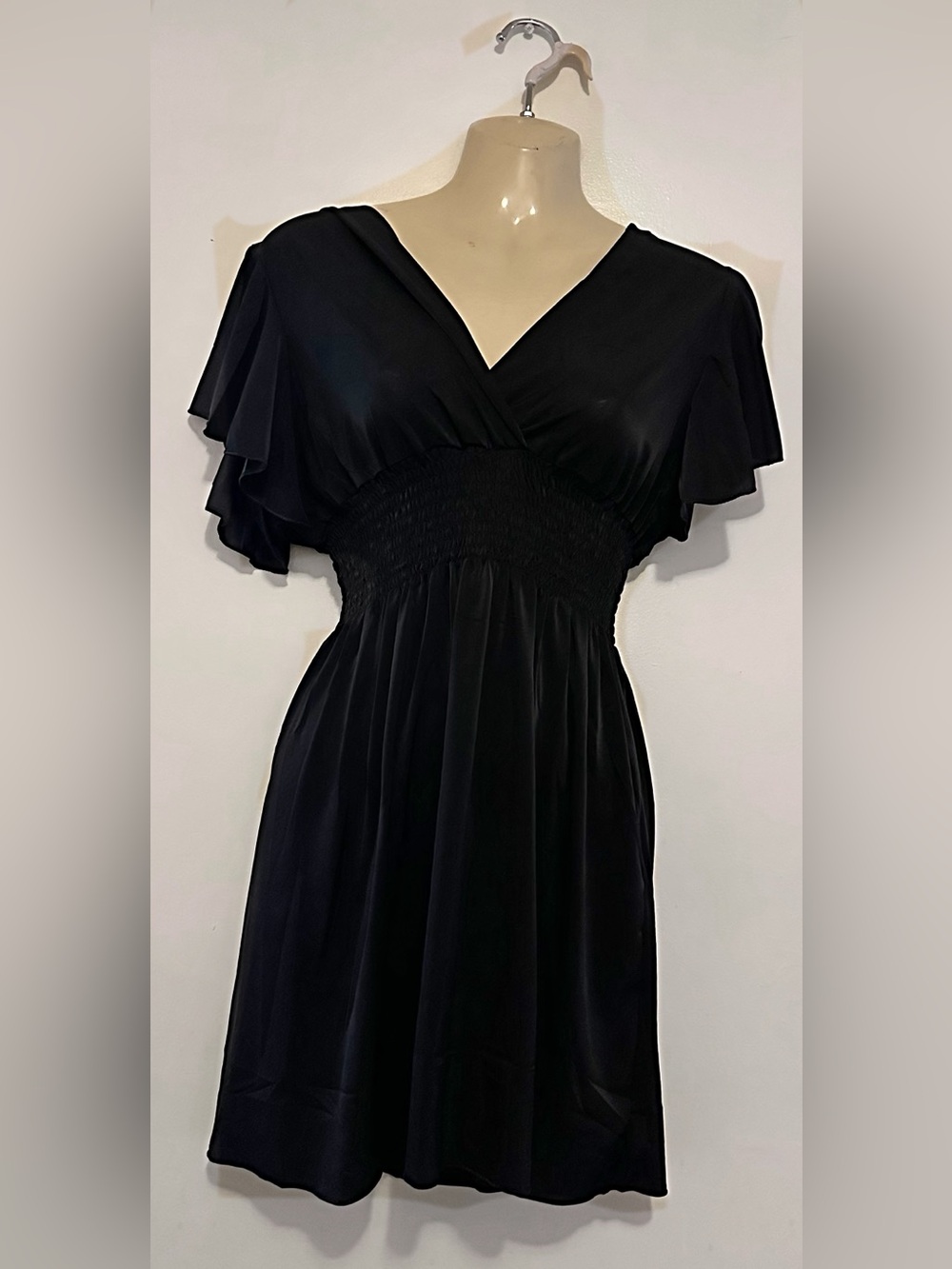 Black V-Neck Flutter Sleeve Women's Dress